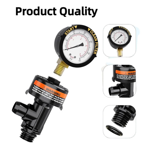 Air relief valve for Pentair pool filter with pressure gauge, black plastic body, brass inlet (front view)