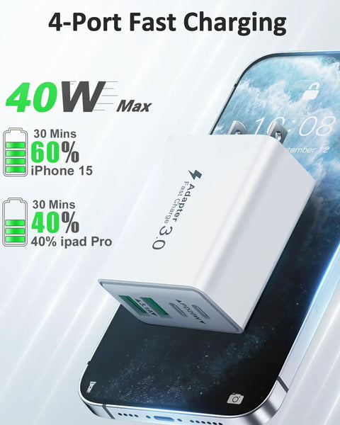 40W USB-C Quad Charger Block With Four Ports, Fast PD And QC Wall Charger For iPhone 17 To 11 Pro Max And Samsung, Dual USB-C PD Ports, 20W Max Per Port, Fast Charge Up To 3x Faster on phone
