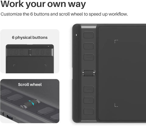 Compact Drawing Tablet With Slick Scroll Wheel And Ergonomic Stylus Delivering Sick Precision And Butter Smooth Pressure Response Perfect For Pc Artists Seeking Zero Lag Creativity And Hassle Free Setup In Sleek Black showcasing 6 buttons and scroll wheel.