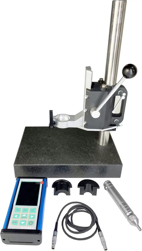 TopShelf Portable Ultrasonic Hardness Tester Paired With NoFuss Test Stand setup, showing device, probe, cables, and base components.