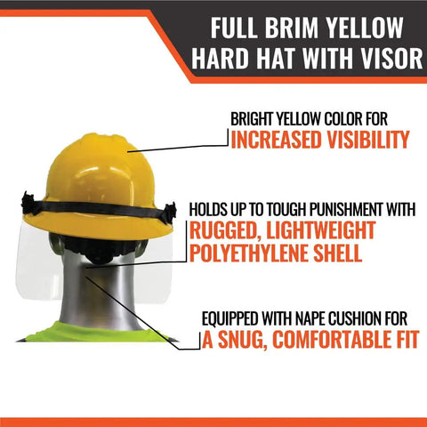 Full Brim Hard Hat With Adjustable Visor And Face Shield Made In USA ANSI Z87 1 20 OSHA Compliant 4 Point Ratchet Suspension