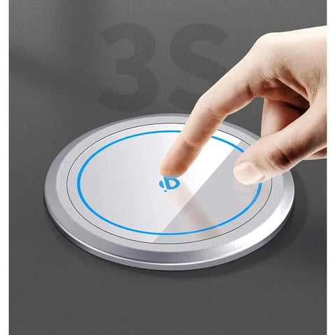 Top Shelf Retractable Countertop Power Outlet With Easy Peasy Automatic Lift And Fast Usb Charging Ports Round Pop Up Electrical Box being activated with finger.