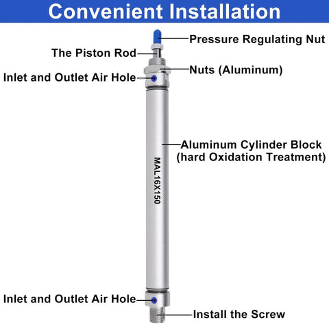 Diagram of Mini Pneumatic Cylinder 16mm Bore 150mm Stroke Double Acting With Y Connector And Two Pneumatic Quick Fittings MAL16x150