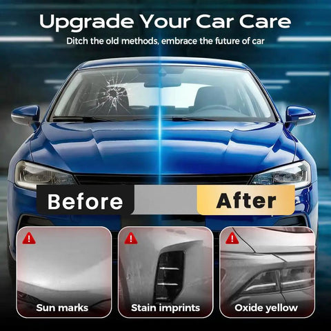 Blue car with cracked windshield before and after using DIY Windshield Chip Repair Kit With 30ml Glass Repair Liquid, 2-pack.