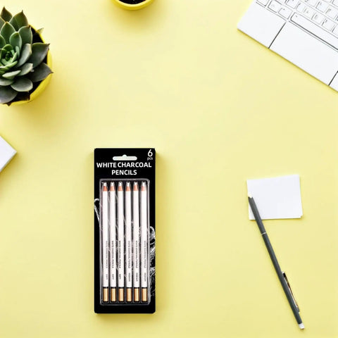 Six Piece Sketching Pencils Set for Drawing, Pro Grade Graphite Leads for Artists and Students on a yellow background