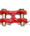 Six Pack 5/16 Inch G70 Zinc Plated Heavy Duty Trailer Tie Down Twin Clevis Links in red with gold pins for secure rigging.