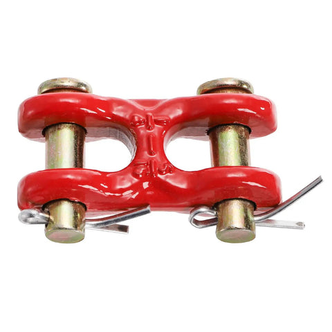 Six Pack 5/16 Inch G70 Zinc Plated Heavy Duty Trailer Tie Down Twin Clevis Links in red with gold pins for secure rigging.