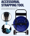 Back view of Heavy Duty Strapping Dispenser Cart With Fifty Packing Buckles And Solid Emergency Brake, Welded Steel Pallet Wrapping Trolley.