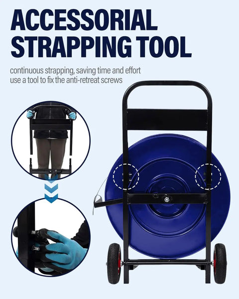 Back view of Heavy Duty Strapping Dispenser Cart With Fifty Packing Buckles And Solid Emergency Brake, Welded Steel Pallet Wrapping Trolley.