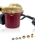 Top Tier 115V 1 25Hp Circulator Pump With One Half Inch Sweat Connections, red unit with brass fittings and electric plug.