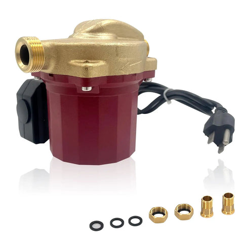 Top Tier 115V 1 25Hp Circulator Pump With One Half Inch Sweat Connections, red unit with brass fittings and electric plug.