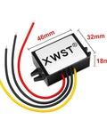 Heavy duty DC-DC converter with dimensions 46mm x 32mm x 18mm for 24V to 85V input to 12V output for cars and RVs.