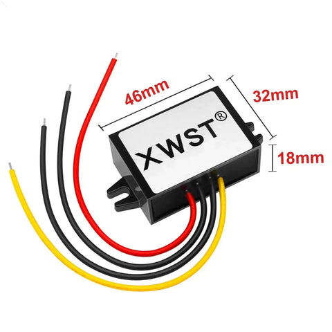 Heavy duty DC-DC converter with dimensions 46mm x 32mm x 18mm for 24V to 85V input to 12V output for cars and RVs.