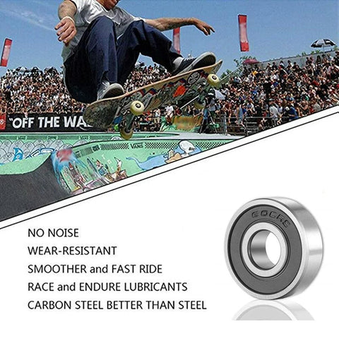 SHKI 10-pack 608 2RS ball bearings, bearing steel, double rubber seals, 8x22x7 mm for skateboards/inline skates closeup.