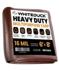 Heavy Duty Poly Tarp Cover 16 Mil and 10 Mil with Grommets and Reinforced Edges, 6 x 8 Feet, brown tarp packaging label.