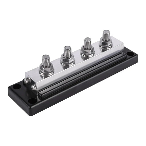 Beefy 600Amp 4 Post Power And Ground Distribution Busbar With Nickel Plated Copper Terminals 3/8 Inch Studs 14Mm Locknuts Rock Solid Car Audio Wiring Harness Setup Made In Usa Black on a black base with four terminals.