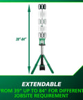 18V Cordless Tripod Work Light With 4000 Lumens Of Beast Bright LED Power 66 LEDs Across 3 Rotatable Panels Water And Dust Resistant Up To Sixteen Point Eight Hour Run Time Tool Body Only UB18DGQ4 extended from 39 to 84 inches