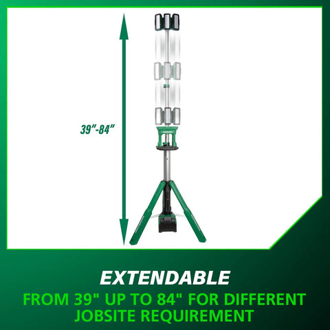 18V Cordless Tripod Work Light With 4000 Lumens Of Beast Bright LED Power 66 LEDs Across 3 Rotatable Panels Water And Dust Resistant Up To Sixteen Point Eight Hour Run Time Tool Body Only UB18DGQ4 extended from 39 to 84 inches