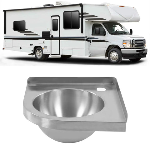 Wall Mount Triangle Stainless Steel Sink For Kitchen And RV Caravan Boat 12 By 12 Inch Corner Basin Mini Vanity Hand Wash Bar Sink Single Bowl Built To Last 304 Stainless Steel With Brushed Finish next to an RV.