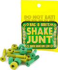 Shake Junt Bag-O-Bolts with green and yellow hardware for skateboard assembly and truck tightening, durable steel replacement set