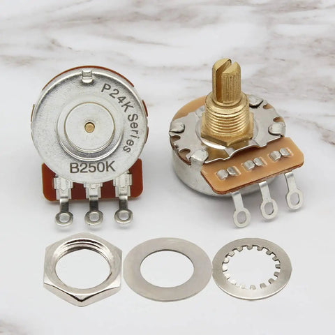Two Pack B250K Linear Guitar Pots With Fifteen Point Five Millimeter Short Split Shaft And Twenty Four Spline Knurled Shaft For Electric Guitar And Bass Control Plate Mounting Low Noise Smooth Feel Perfect For Gear Heads, showing front and top views.