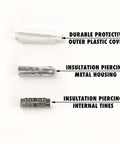 100 Pcs Low Voltage B Connectors Crimp Splice Terminals For AWG 22 26 Dry Bean Style Butt Indoor Use Ideal For Telephone Alarm Security Intercom And Network Wiring No Gel showing components: plastic cover, metal housing, internal tines.