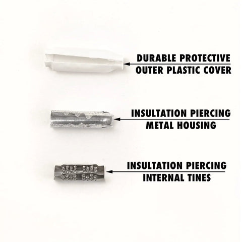 100 Pcs Low Voltage B Connectors Crimp Splice Terminals For AWG 22 26 Dry Bean Style Butt Indoor Use Ideal For Telephone Alarm Security Intercom And Network Wiring No Gel showing components: plastic cover, metal housing, internal tines.