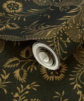 Kickstart Your Vibe With This Fresh Indigo Floral Folk Wallpaper Featuring A Slick Gold Metallic Coating Premium Paste The Wall Covering Eco Certified Type I Rated, rolled wallpaper detail.