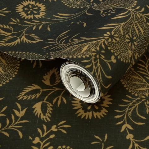 Kickstart Your Vibe With This Fresh Indigo Floral Folk Wallpaper Featuring A Slick Gold Metallic Coating Premium Paste The Wall Covering Eco Certified Type I Rated, rolled wallpaper detail.