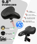 Comparison of oversized wide bike seat with vintage style and shock absorbing padding against standard seat.