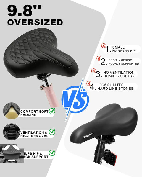 Comparison of oversized wide bike seat with vintage style and shock absorbing padding against standard seat.
