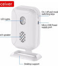 Receiver for Motion Sensor Door Bell Chime For Business And Retail, featuring LED lights, USB port, and speech speaker.