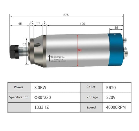 Diagram of Water Cooled Spindle Motor For CNC Engraving Machines, 3kW 220V 40,000 RPM with dimensions and specifications.