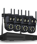 Watch Your Back With Badass 4K 8MP WiFi PTZ Security Camera Kit showing four cameras and a recorder for outdoor surveillance.