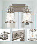 2 Light Vanity Light Fixtures In Modern Brushed Nickel Finish For Bathroom Over Mirror Industrial Sconces Wall Lighting With Hammered Glass Shades Vintage Industrial Style Boss Level Glow Ready To Install, showing close-up details of the fixtures and glass shades.