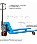 Heavy Duty Manual Pallet Jack Truck With 27X48 Inch Forks Designed To Move 6600 Lb Palletized Cargo Across Warehouse Docks And Home Sheds So You Get Your Hustle Done Effortlessly showing a 3-function handle and tapered forks.