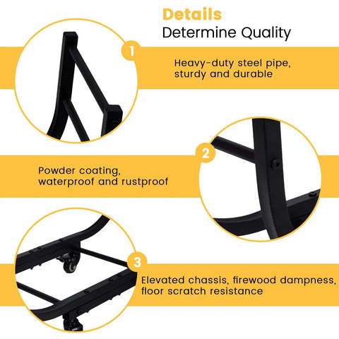 Heavy Duty Firewood Rack With Casters For Indoor Or Outdoor Use Matte Black Wood Carrier showing sturdy steel frame details