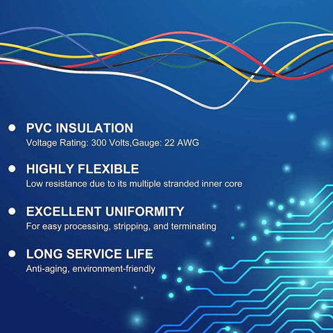 Diagram of features for 22 Gauge Stranded Hookup Wire Kit, 6 Color PVC Insulated, 26 Feet Per Roll, UL Listed, Tinned Copper, Flexible 300V Wire Set