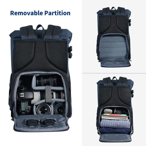 Large Capacity Multi Functional Waterproof Camera Backpack Travel Bag For SLR Gear With Removable PE Foam Dividers shown open