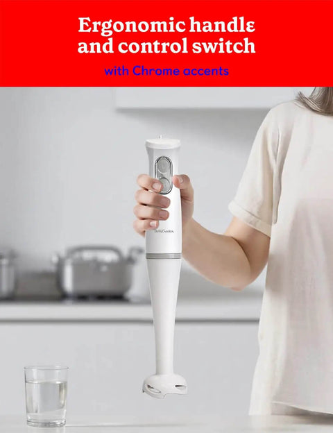 Slick Two Speed Hand Blender With Beast Mode 300W Peak Motor in white featuring ergonomic handle and control switch.
