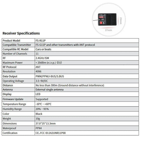 R11P 2.4GHz 11CH RC Receiver With External Single Antenna Compact Fit For RC Cars And Boats ANT Protocol specs sheet
