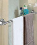 Insta Mount 24 Inch Towel Bar No Tools No Drilling Mounts Anywhere in bathroom with towels hanging on chrome finish