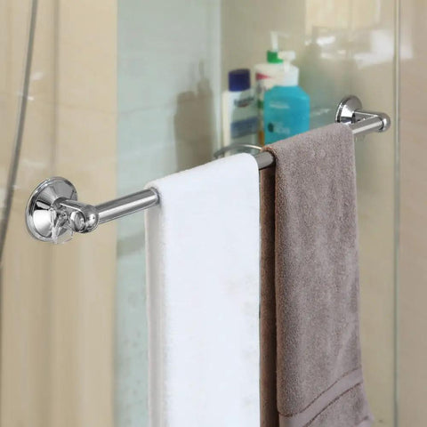 Insta Mount 24 Inch Towel Bar No Tools No Drilling Mounts Anywhere in bathroom with towels hanging on chrome finish