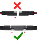 Polarity Reversing Adapter Connector 2 Pin Switching Quick Disconnect For SAE Extension Cables, visual guide with correct and incorrect connections.
