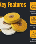 Heavy Duty Four Inch Cotton Buffing Wheels With Half Inch Arbor For Knockout Polishing On Metals Wood Plastics And Jewelry Rotary Tool Attachments Smooth As Butter Finish, showing four buffing wheels.