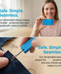 Woman holding Magnetic Seam Guide for Sewing Machine Handy Hemmer Guide With Scale in blue, showing safe retractable design.