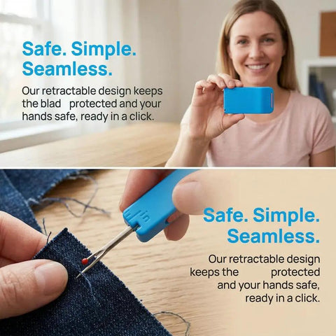 Woman holding Magnetic Seam Guide for Sewing Machine Handy Hemmer Guide With Scale in blue, showing safe retractable design.