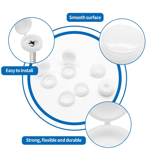 50 Pack White Plastic Hinged Screw Cover Caps For 4mm Hole Screws, close-up of caps showing smooth surface and snap-on design.