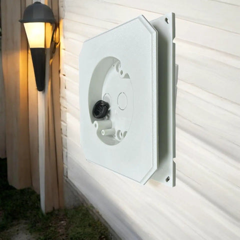 All Weather Universal Siding Mounting Block With Built In Electrical Box For Outdoor Lights Cameras And Outlets White Mounting Bracket For Vinyl Wood Fiber Cement And Stucco Siding 1 Pack on white siding