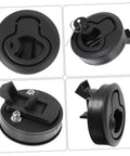 Four views of LIFKOME round black flush pull boat latch with locking mechanism; front, side, close-up, and installed.
